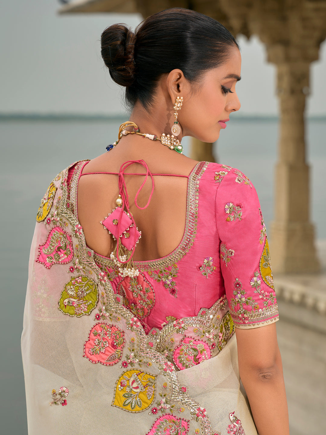 Off-White Color Tissue Silk Embroidered with Heavy Patchwork & Cutwork Border Saree with Contrast Blouse