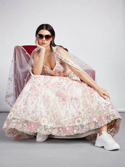 Multi-Sequins & Thread Work Embroidery Net Semi-Stitched Lehenga House of Panchhi