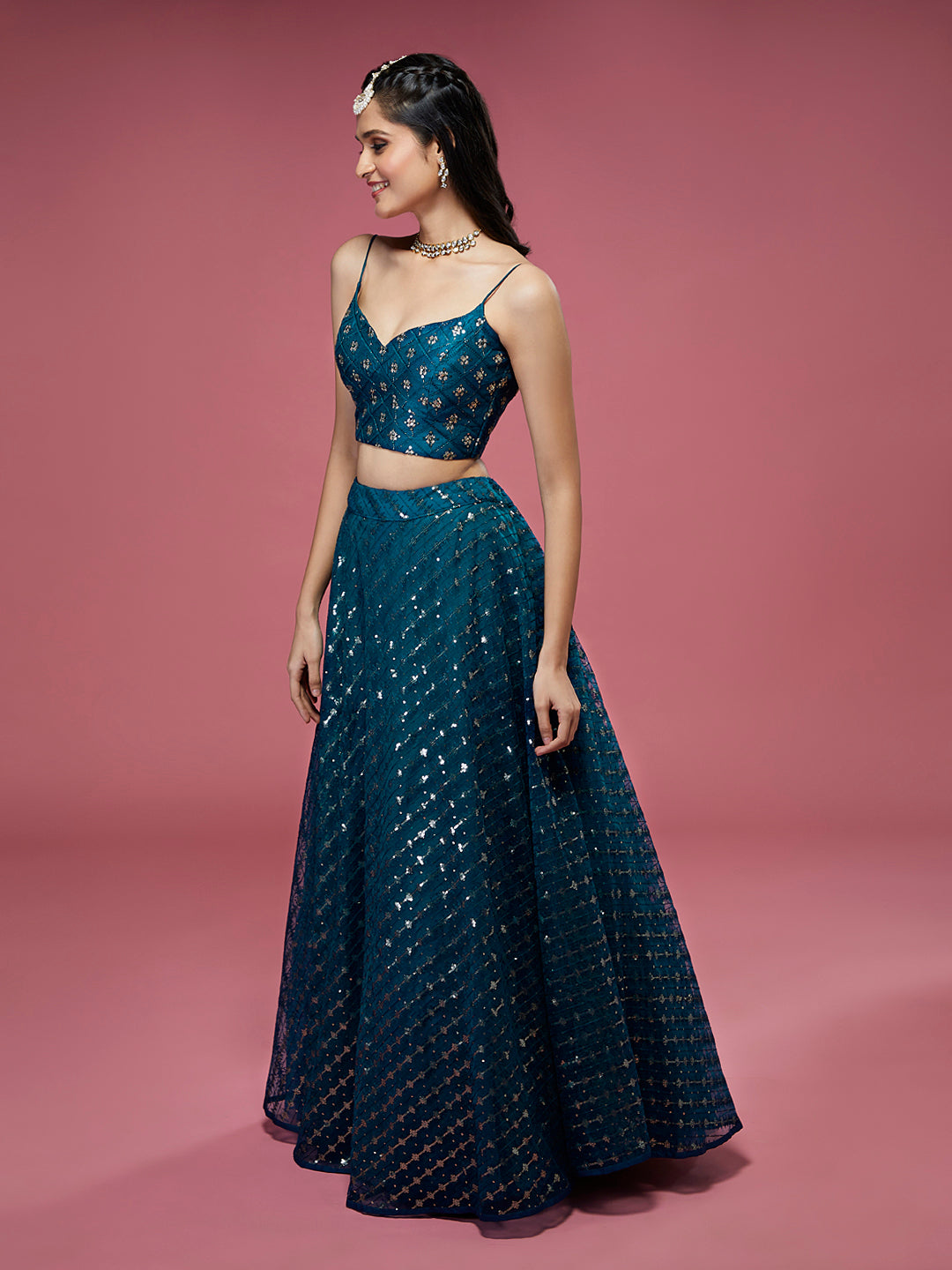Teal Net Sequins Embroidered Semi-Stitched Lehenga