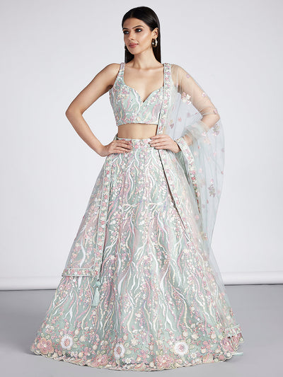 Multi-Sequins & Thread Work Embroidery Net Semi-Stitched Lehenga House of Panchhi
#color_limegreen
