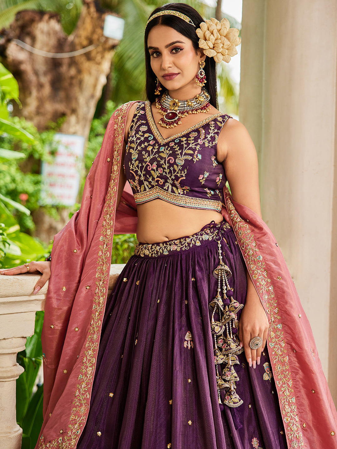 Satin Sequinse embroidery Semi-Stitched Lehenga choli & Dupatta