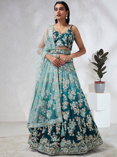 Shaded Teal Color Chiffon Double Color Sequin Embroidered Semi-Stitched Lehenga