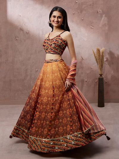 Brown Organza Floral Print and sequinse work Semi-Stitched Lehenga choli