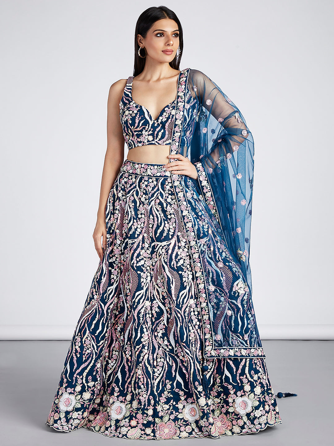 Multi-Sequins & Thread Work Embroidery Net Semi-Stitched Lehenga House of Panchhi