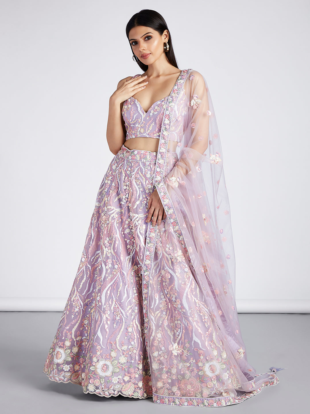 Multi-Sequins & Thread Work Embroidery Net Semi-Stitched Lehenga House of Panchhi
#color_lavender