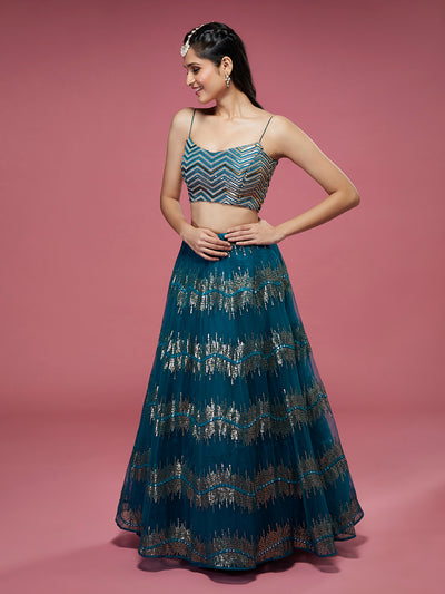Teal Net Sequins Embroidered Semi-Stitched Lehenga