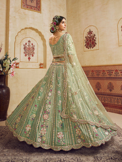 Rosegold Bridal Net Sequins, Moti, Mirror and thread embroidery Semi-Stitched Lehenga House of Panchhi