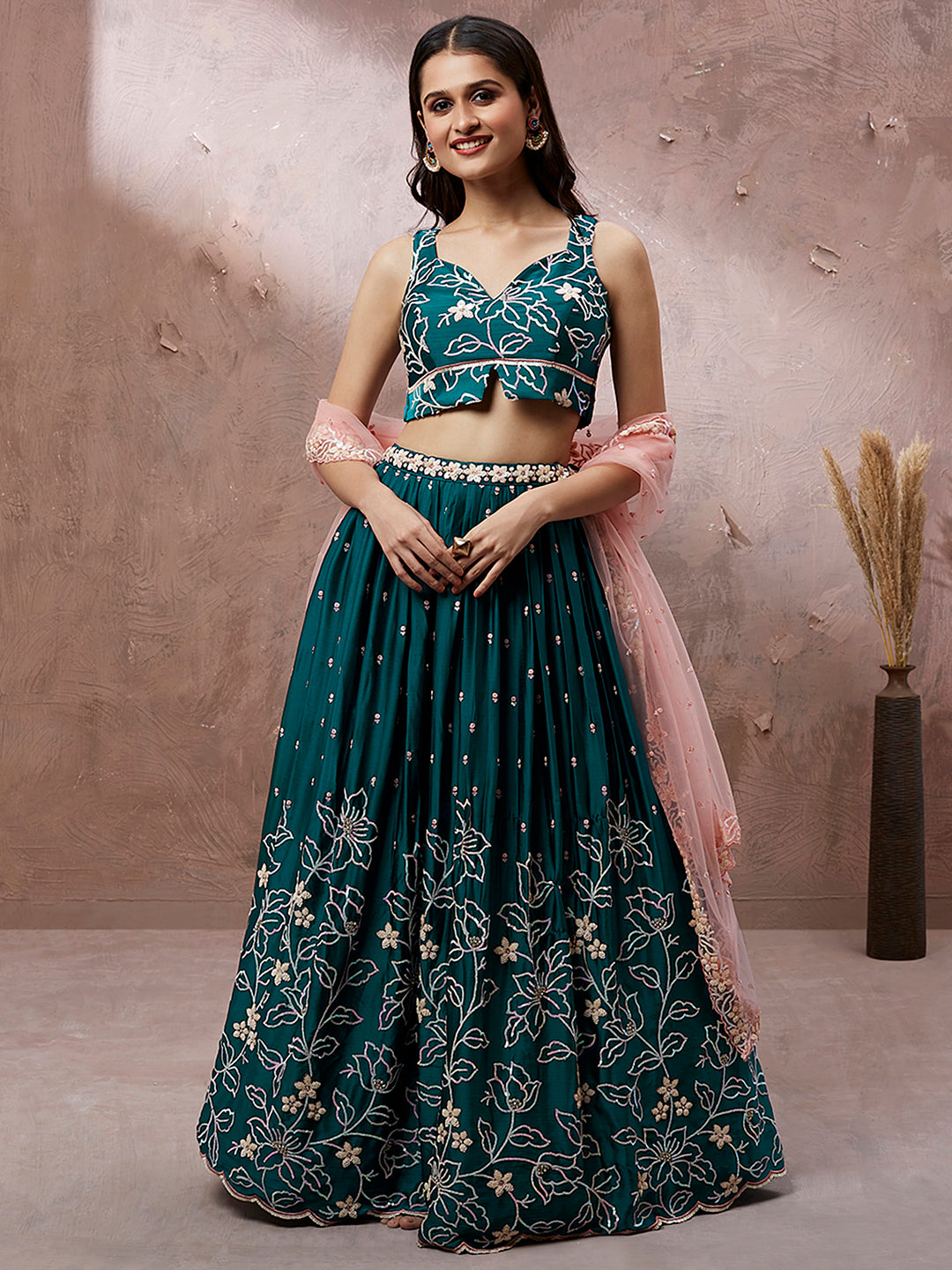 Teal Georgette Sequined Embroidered Semi-Stitched Lehenga choli