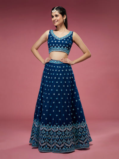 Navy Blue Net Thread & Sequins Work Semi-Stitched Lehenga