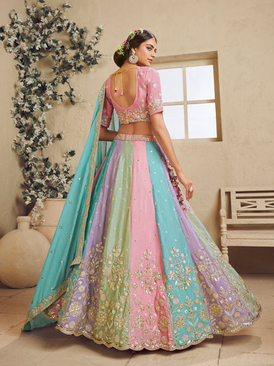 Multi Color Kali Georgette Fabric Golden Sequined,Thread,Coding Embroidered Semi-Stitched Lehenga choli House of Panchhi