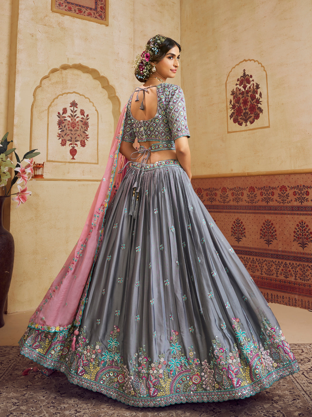 Grey Color Silk Fabric Sequins embroidery Semi-Stitched Lehenga choli & Dupatta houseofpanchhi