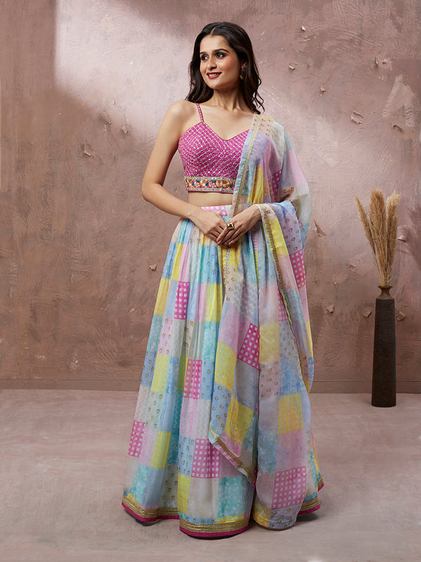 Multi-Color Organza Floral Printed Semi-Stitched Lehenga choli House of Panchhi