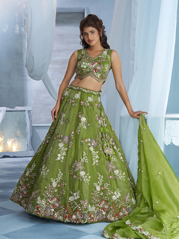 Pista Green Tissue Floral & Botanical Motif Semi-Stitched Lehenga Set House of Panchhi