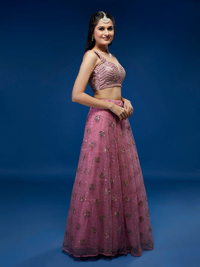 Pink Net Sequins Embroidered Semi-Stitched Lehenga