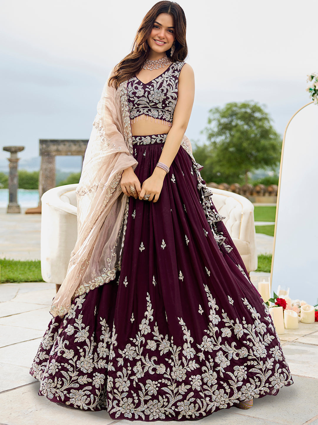 Satin Silk Fabric Beads & Sequince Embroidered Ready to Wear Lehenga Choli & Dupatta houseofpanchhi