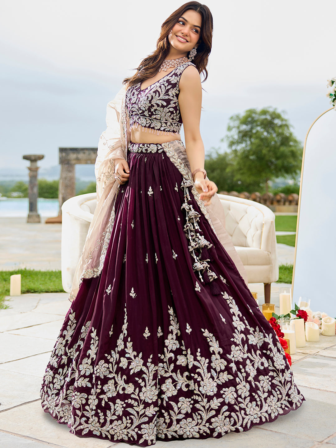 Satin Silk Fabric Beads & Sequince Embroidered Ready to Wear Lehenga Choli & Dupatta houseofpanchhi