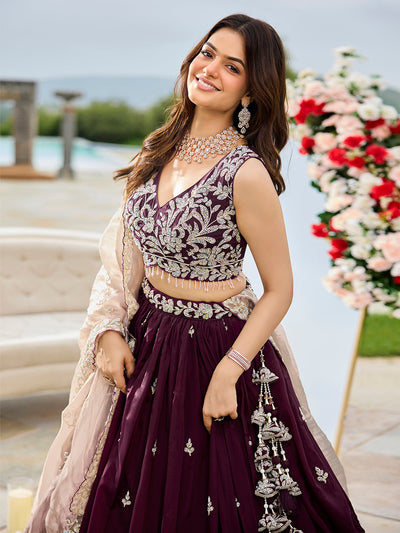Satin Silk Fabric Beads & Sequince Embroidered Ready to Wear Lehenga Choli & Dupatta houseofpanchhi