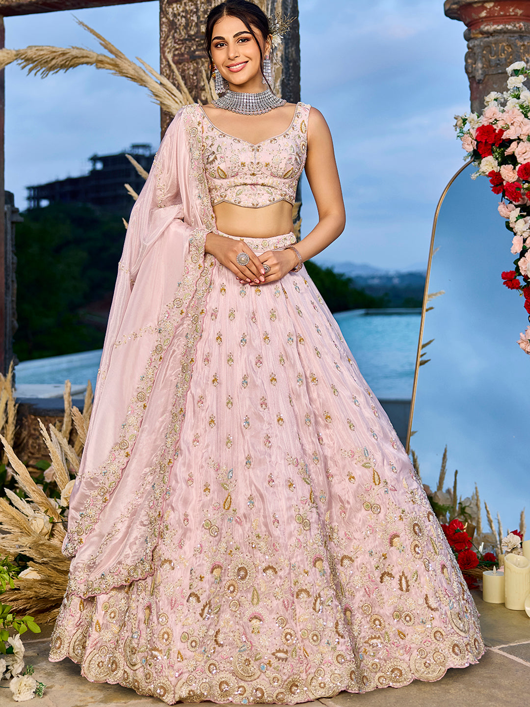 Tissue Fabric Beads & Sequince Embroidered Ready to Wear Lehenga Choli & Dupatta houseofpanchhi
