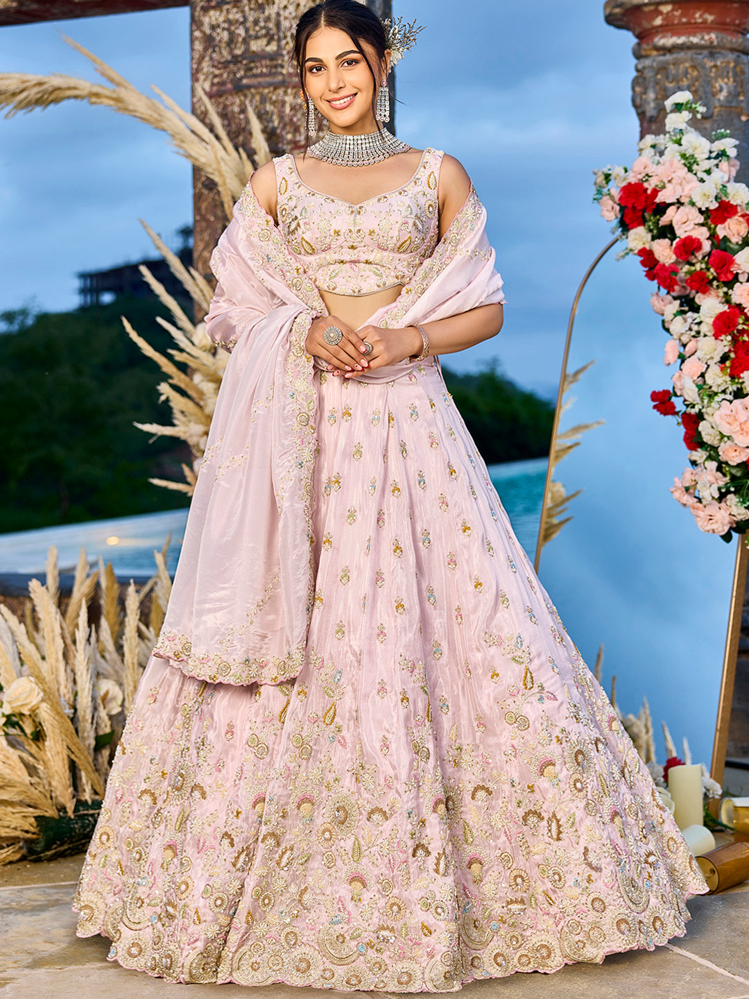 Tissue Fabric Beads & Sequince Embroidered Ready to Wear Lehenga Choli & Dupatta houseofpanchhi