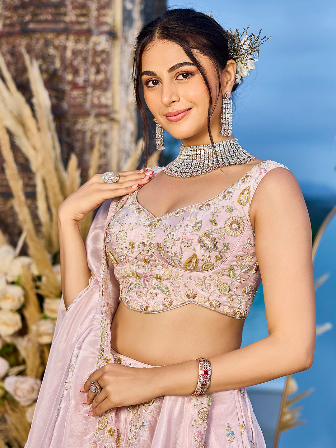 Tissue Fabric Beads & Sequince Embroidered Ready to Wear Lehenga Choli & Dupatta houseofpanchhi