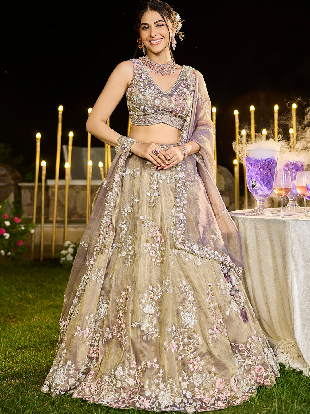 Tissue Fabric Beads & Sequince Embroidered Semi-Stitched Lehenga Choli & Dupatta House of Panchhi