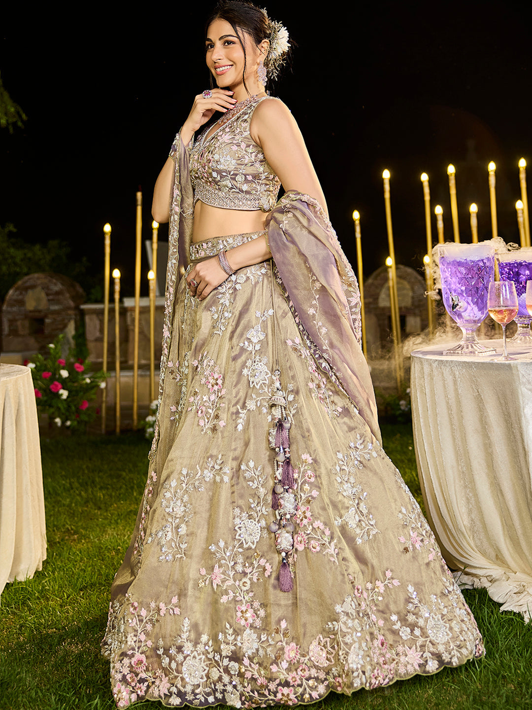 Tissue Fabric Beads & Sequince Embroidered Semi-Stitched Lehenga Choli & Dupatta House of Panchhi