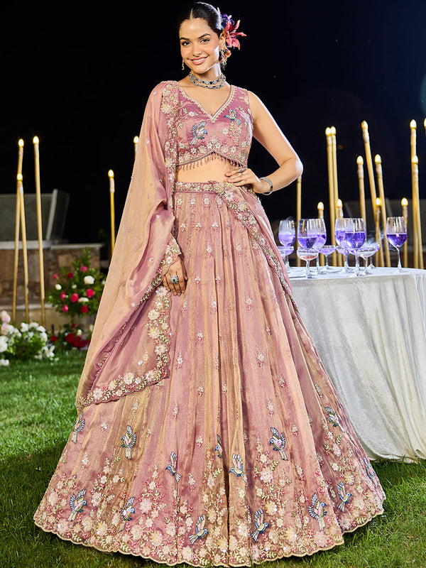 Tissue Fabric Beads & Sequince Embroidered Ready to Wear Lehenga Choli & Dupatta