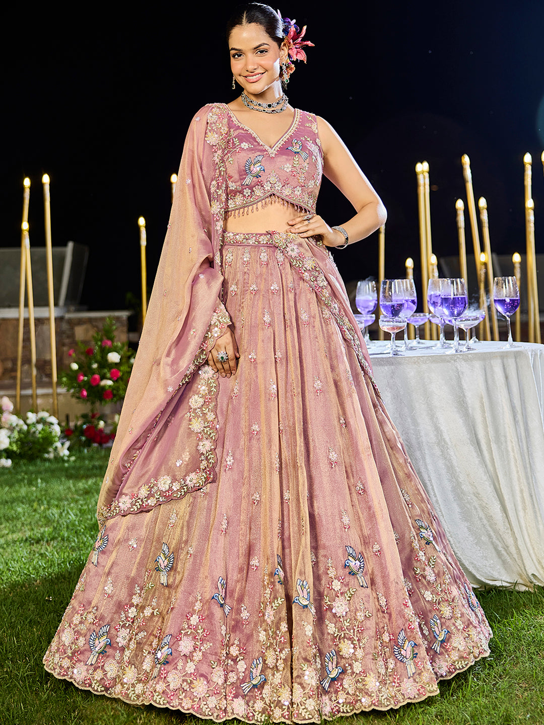 Tissue Fabric Beads & Sequince Embroidered Ready to Wear Lehenga Choli & Dupatta houseofpanchhi