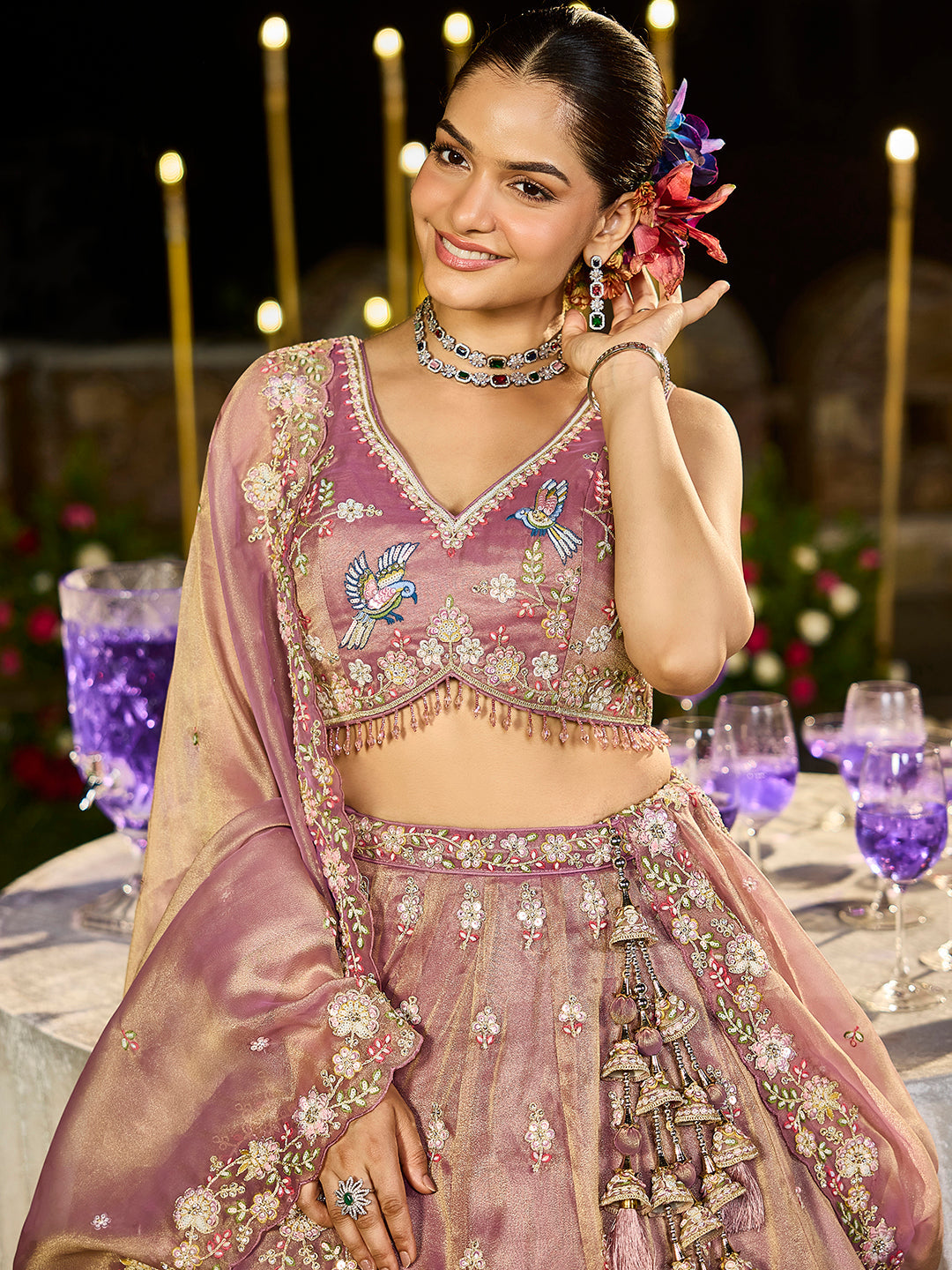 Tissue Fabric Beads & Sequince Embroidered Ready to Wear Lehenga Choli & Dupatta houseofpanchhi
