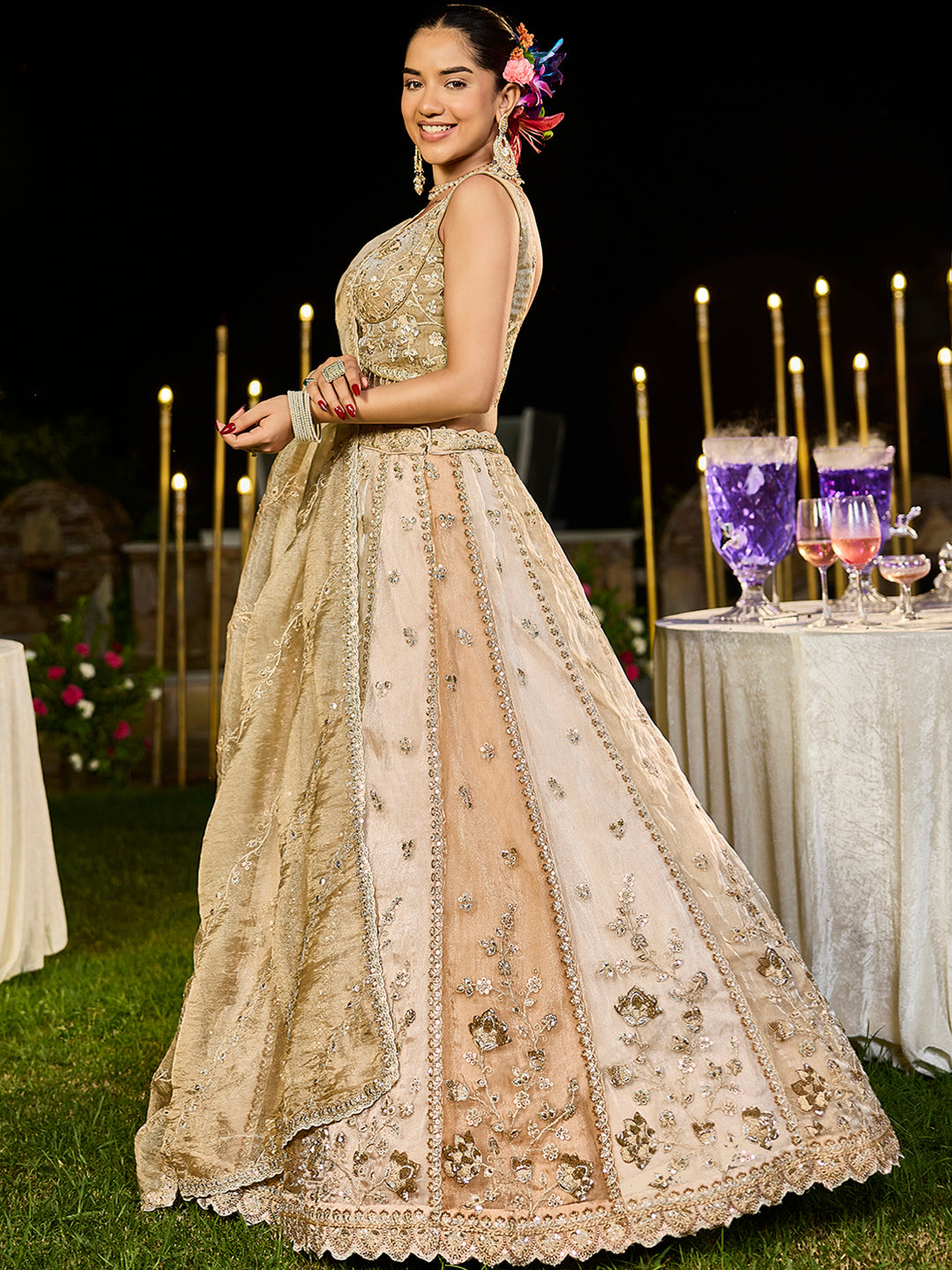 Satin Silk Fabric Beads & Sequinned Embroidered Ready to Wear Lehenga Choli & Dupatta House of Panchhi