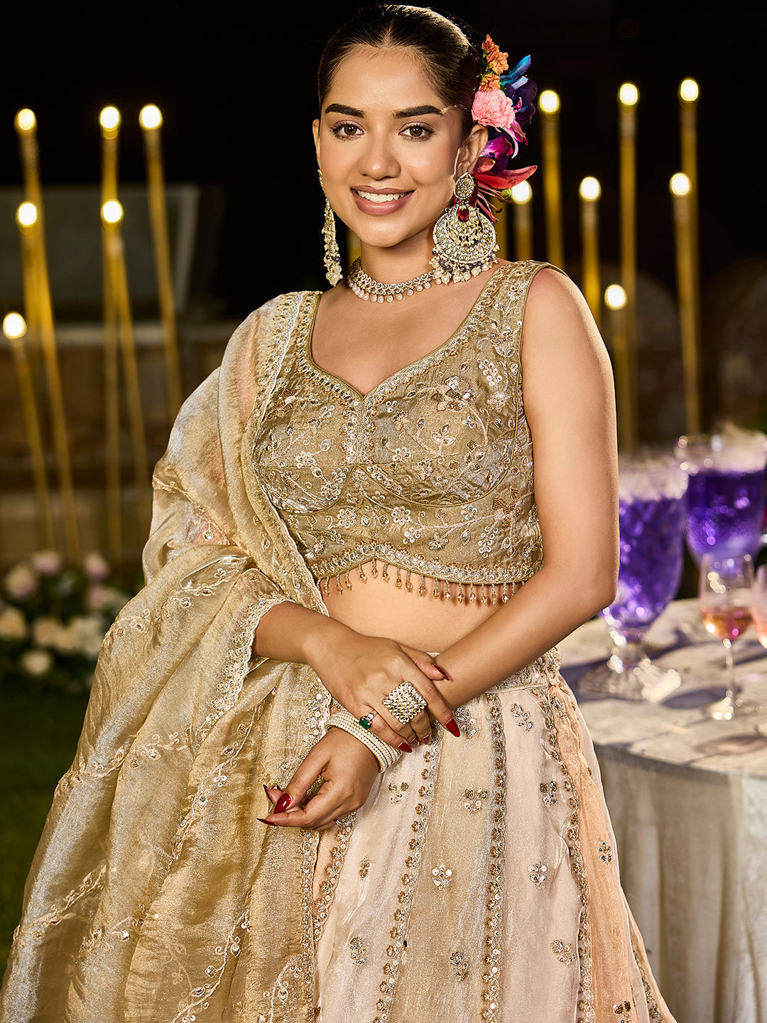 Satin Silk Fabric Beads & Sequinned Embroidered Ready to Wear Lehenga Choli & Dupatta House of Panchhi