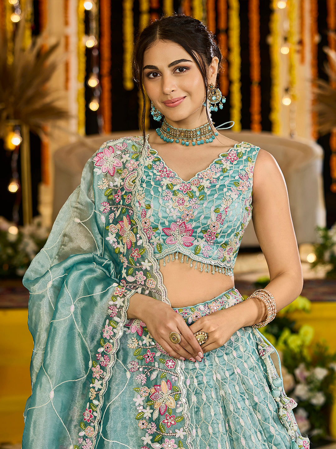 Satin Silk Fabric Sequinned Embroidered Ready to Wear Lehenga Choli & Dupatta houseofpanchhi