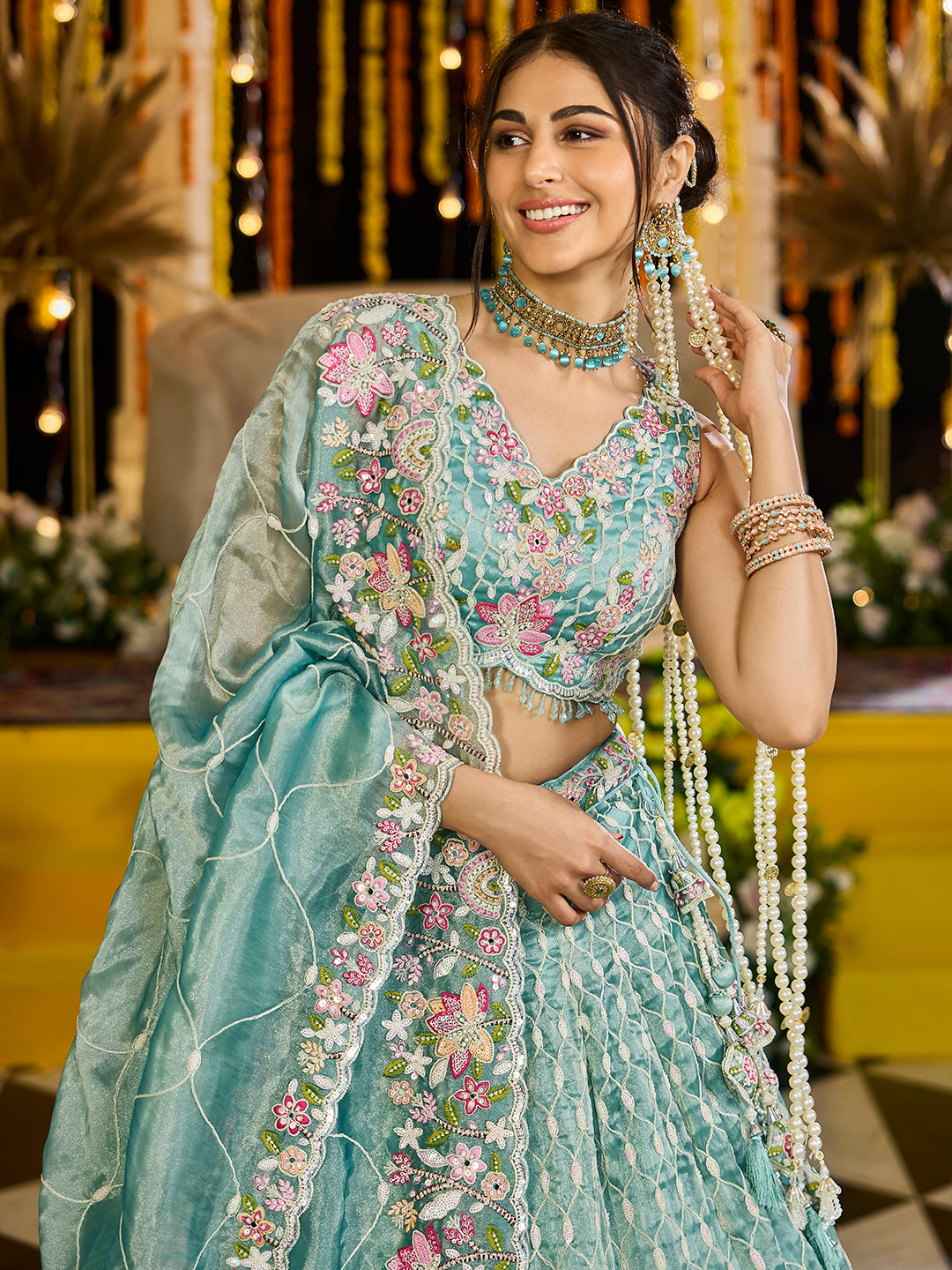 Satin Silk Fabric Sequinned Embroidered Ready to Wear Lehenga Choli & Dupatta houseofpanchhi