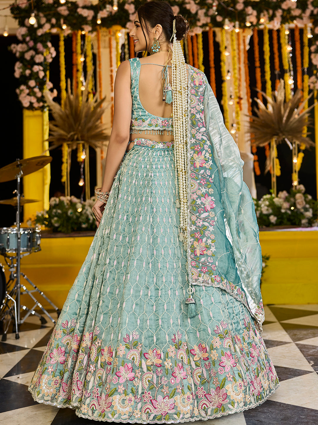 Satin Silk Fabric Sequinned Embroidered Ready to Wear Lehenga Choli & Dupatta houseofpanchhi