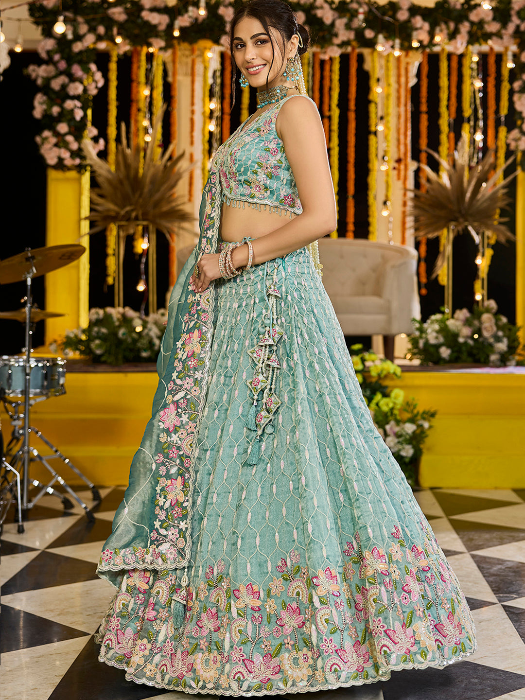 Satin Silk Fabric Sequinned Embroidered Ready to Wear Lehenga Choli & Dupatta houseofpanchhi