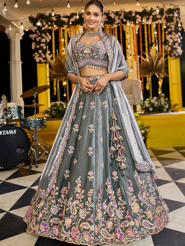 Tissue Fabric Sequinned Embroidered Ready to Wear Lehenga Choli & Dupatta