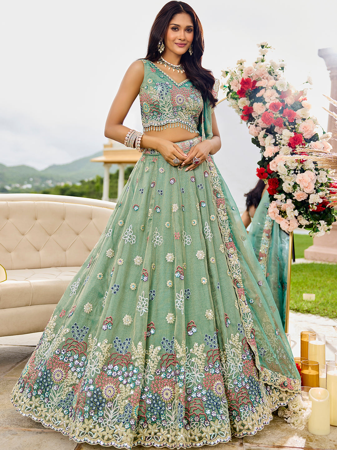 Satin Silk Fabric Sequined Embroidered Ready to Wear Lehenga Choli & Dupatta houseofpanchhi