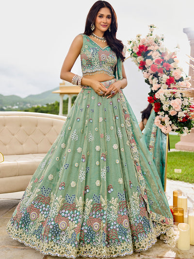 Satin Silk Fabric Sequined Embroidered Ready to Wear Lehenga Choli & Dupatta houseofpanchhi