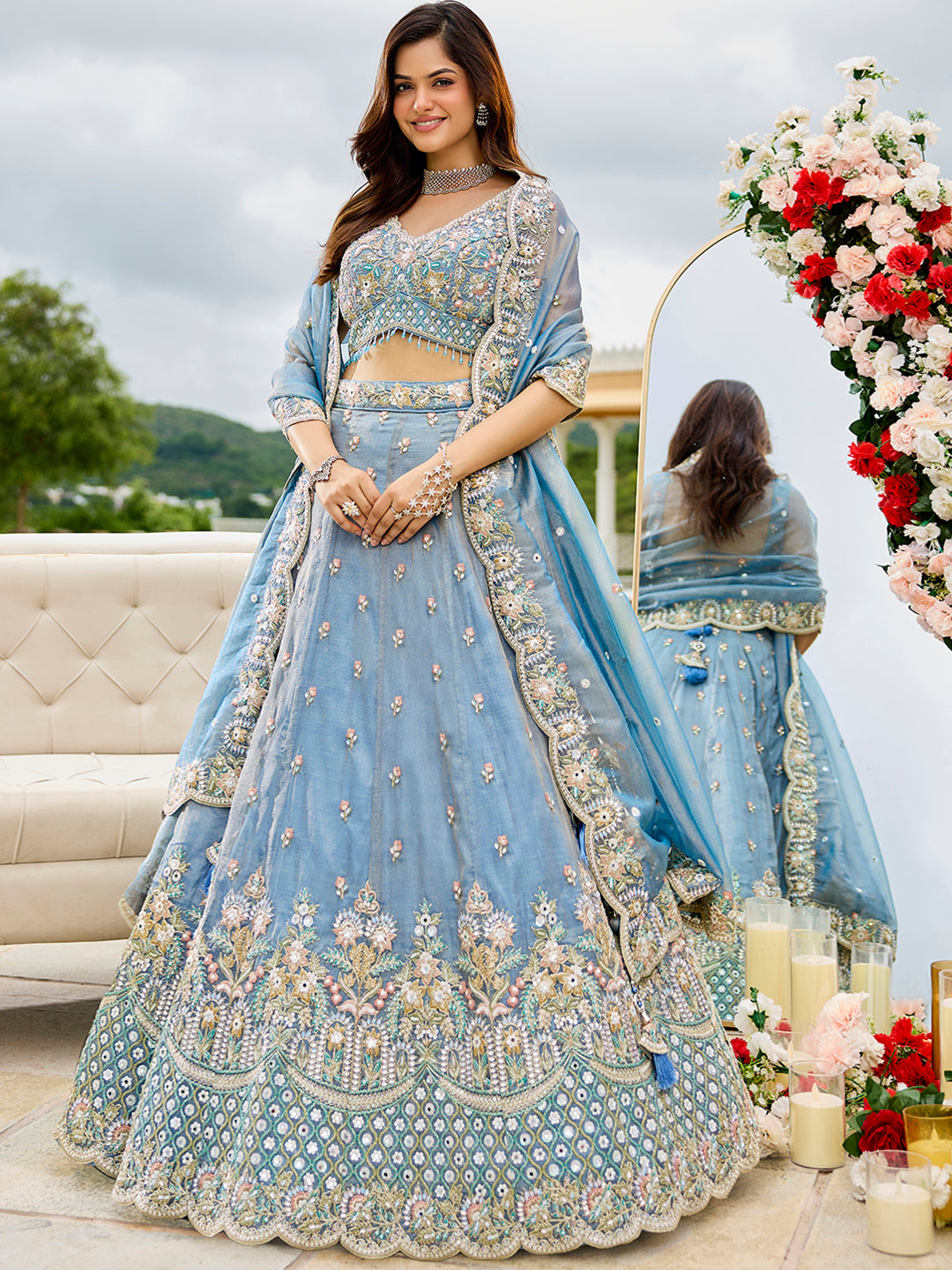 Satin Silk Fabric Sequinned Embroidered Ready to Wear Lehenga Choli & Dupatta houseofpanchhi
