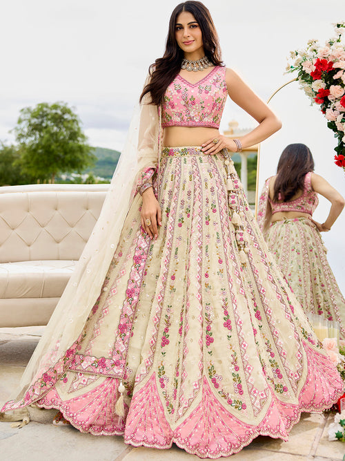 Tissue Fabric Sequins embroidery Semi-Stitched Lehenga Set
