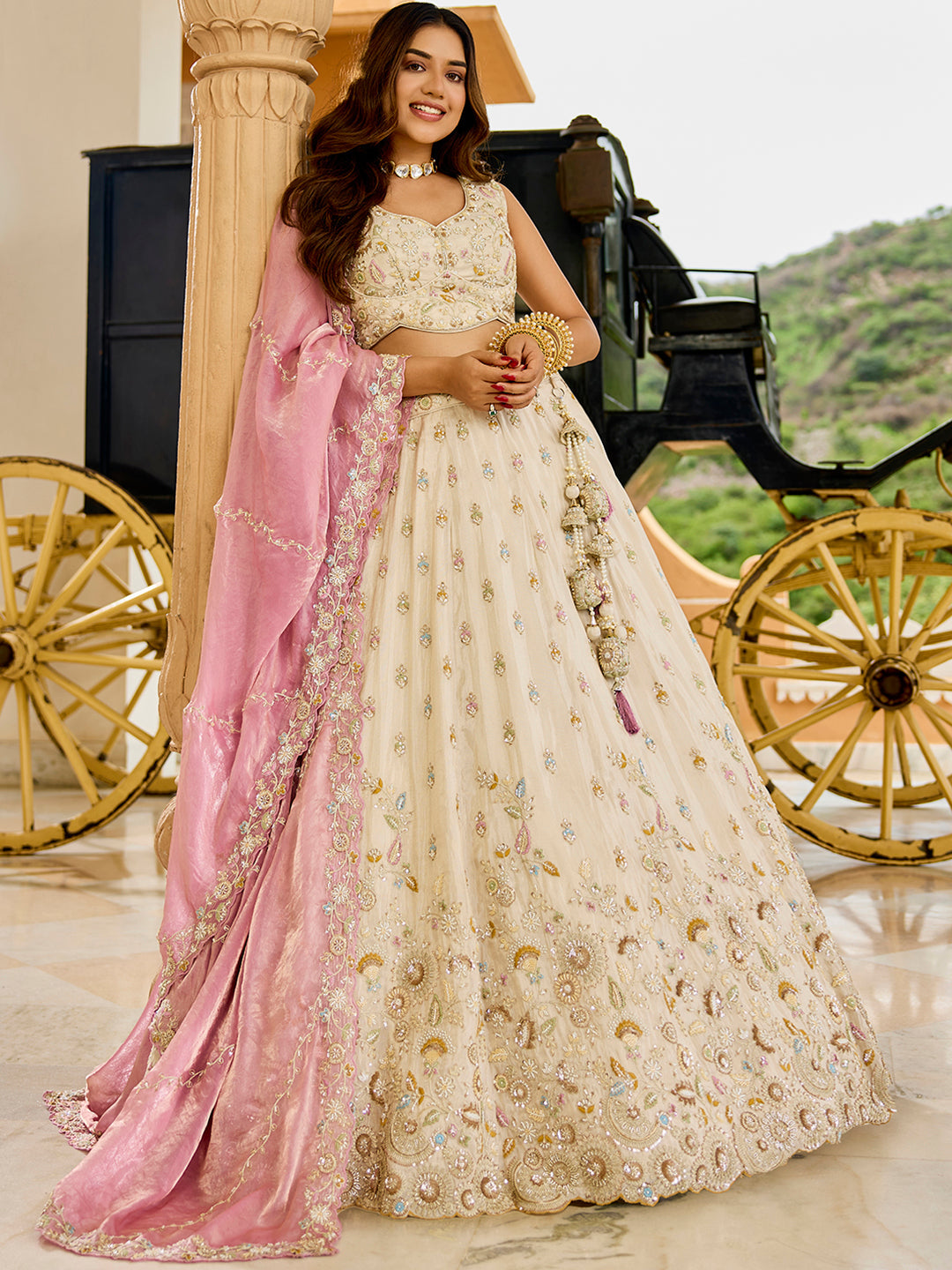 Tissue Fabric Beads & Sequince Embroidered Ready to Wear Lehenga Choli & Dupatta houseofpanchhi