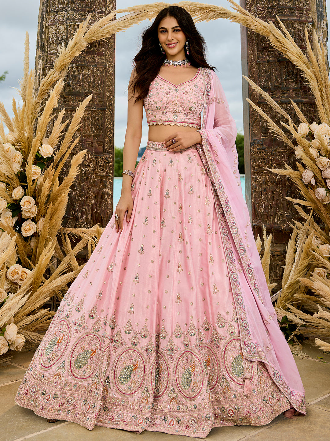 Silk Fabric Beads & Sequince Embroidered Ready to Wear Lehenga Choli & Dupatta houseofpanchhi
