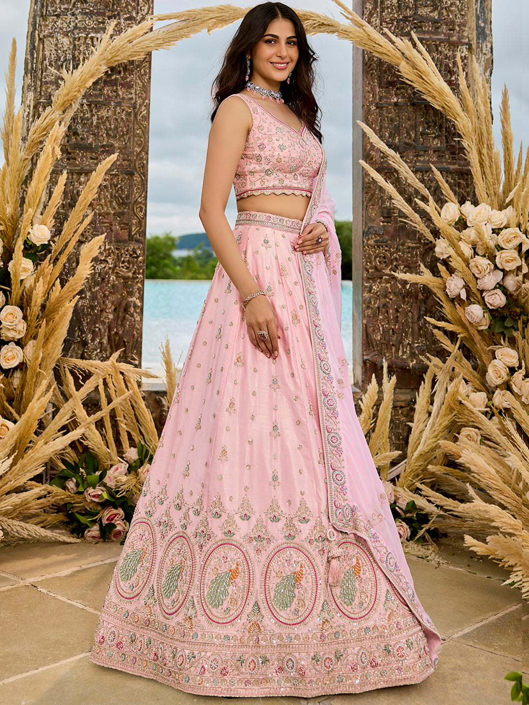Silk Fabric Beads & Sequince Embroidered Ready to Wear Lehenga Choli & Dupatta houseofpanchhi