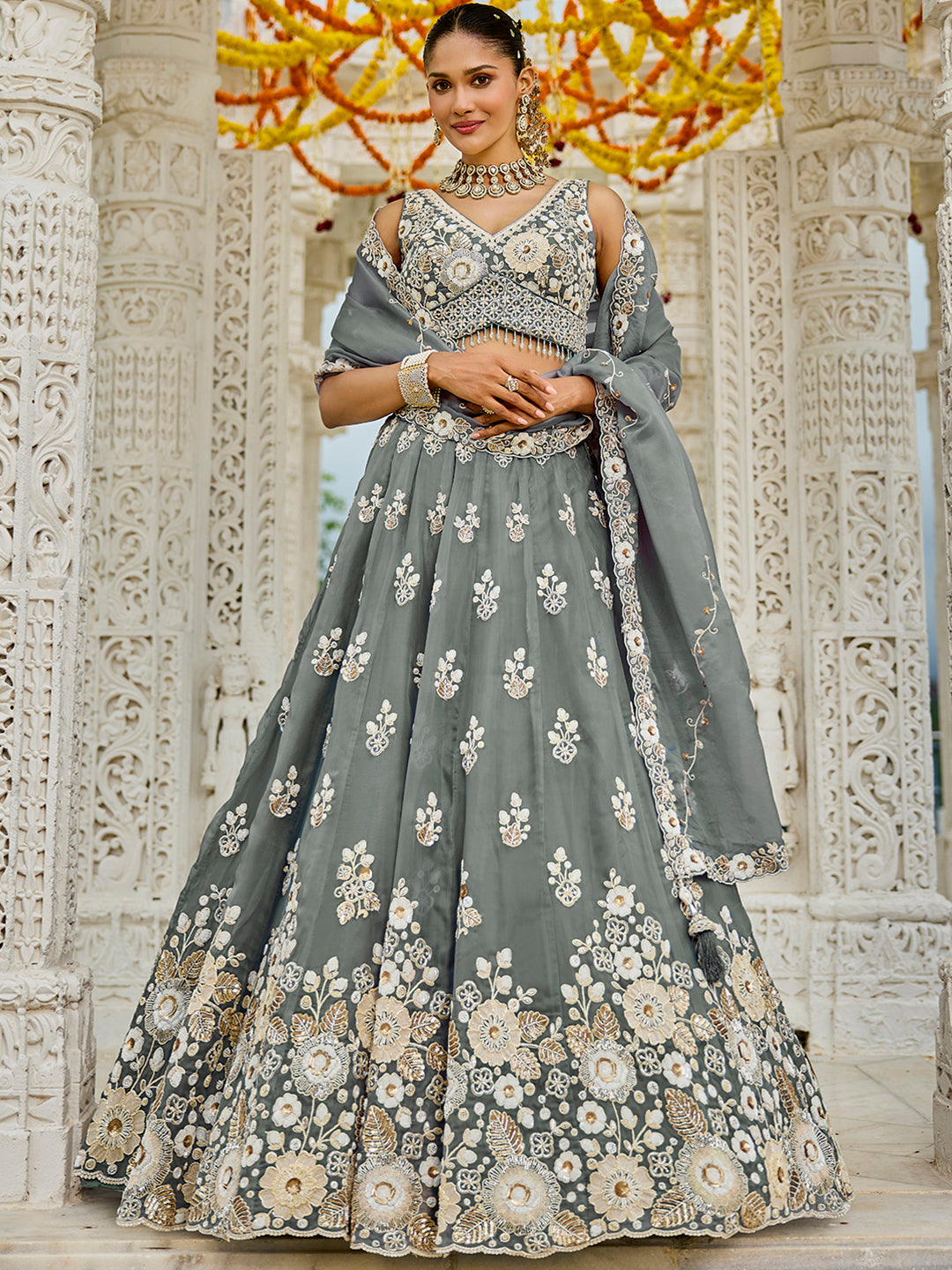 Organza Fabric Beads & Sequince Embroidered Ready to Wear Lehenga Choli & Dupatta houseofpanchhi