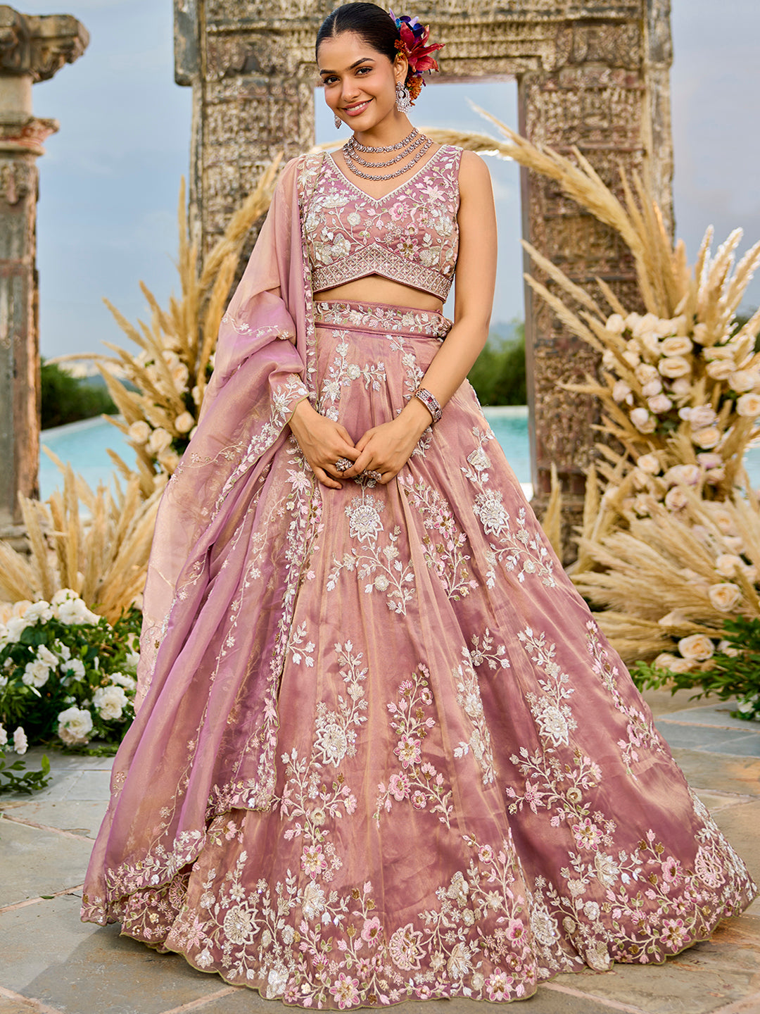 Tissue Fabric Beads & Sequince Embroidered Semi-Stitched Lehenga Choli & Dupatta House of Panchhi