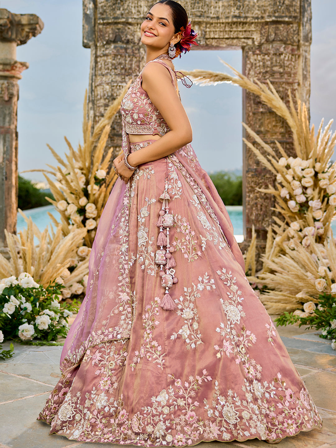 Tissue Fabric Beads & Sequince Embroidered Semi-Stitched Lehenga Choli & Dupatta House of Panchhi