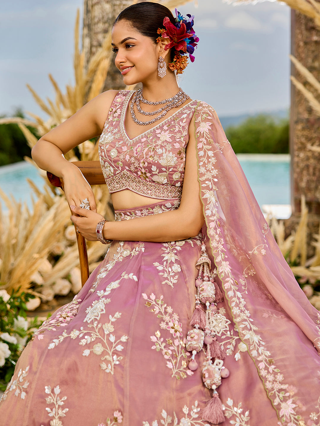 Tissue Fabric Beads & Sequince Embroidered Semi-Stitched Lehenga Choli & Dupatta House of Panchhi