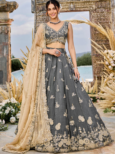 Tissue Fabric Beads & Sequince Embroidered Ready to Wear Lehenga Choli & Dupatta houseofpanchhi