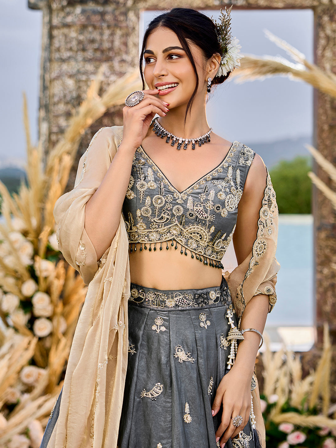 Tissue Fabric Beads & Sequince Embroidered Ready to Wear Lehenga Choli & Dupatta houseofpanchhi