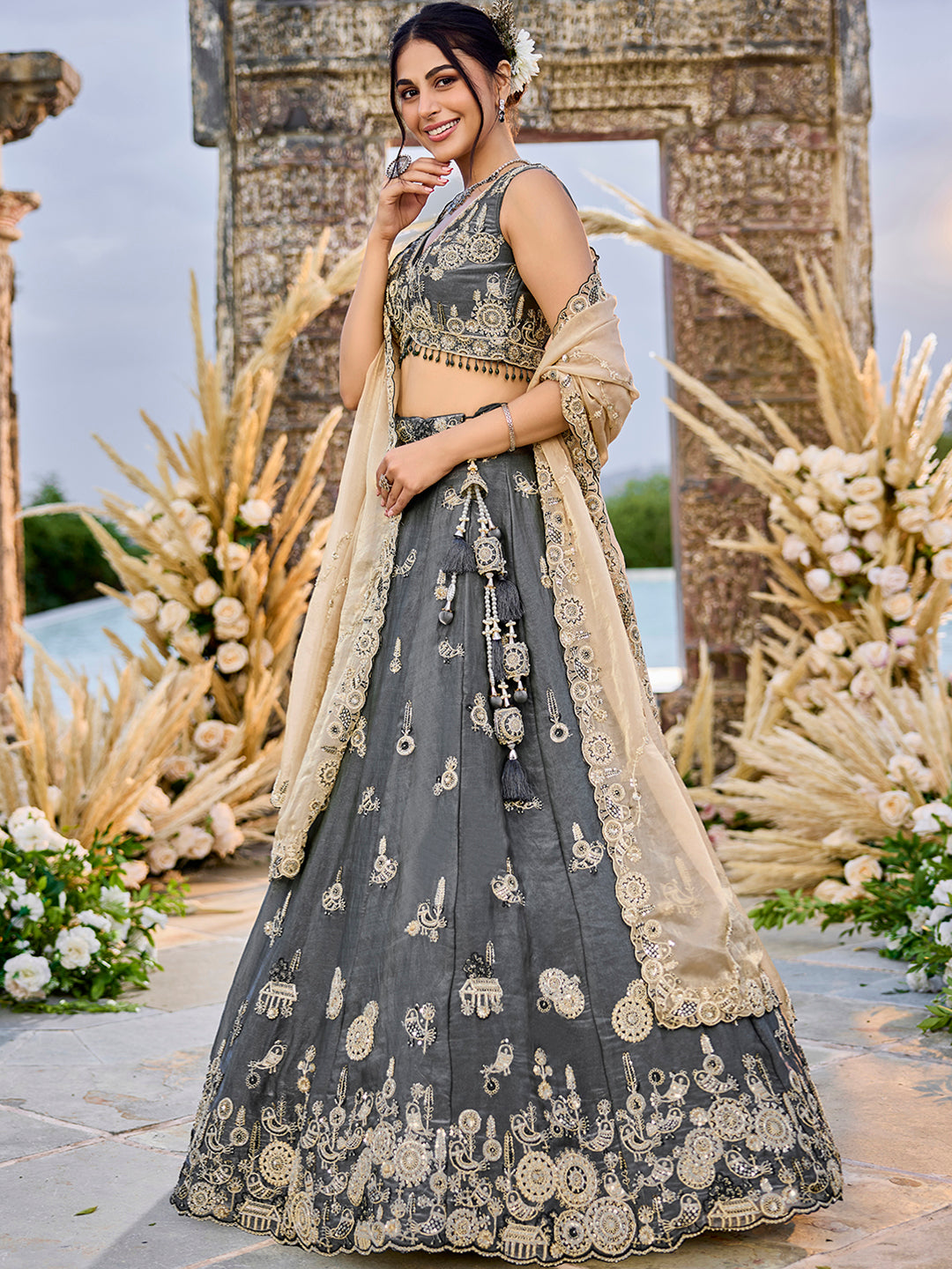 Tissue Fabric Beads & Sequince Embroidered Ready to Wear Lehenga Choli & Dupatta houseofpanchhi